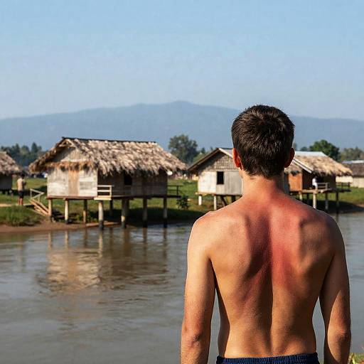 Shirtless Man by River with Stilt Huts