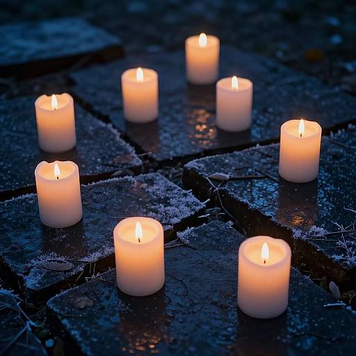 Photograph of eight glowing white candles on frosty, dark stone, casting warm light and soft shadows in a night-time setting.