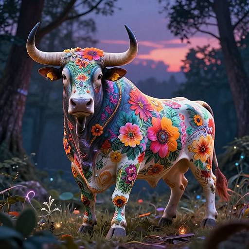 Vibrant digital artwork of a decorated bull with colorful floral patterns, standing in a mystical forest at sunset.