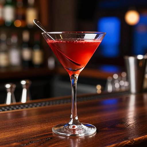 Red Cocktail in Martini Glass on Bar