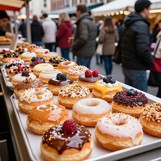 Photograph of a street market stall with a tray of colorful, topped donuts (chocolate, cream, fruit) in the foreground, blurred pedestrians