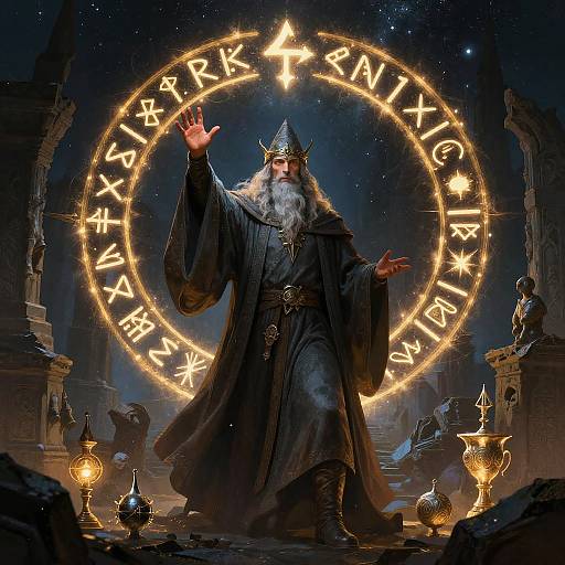 Magical wizard with gray beard, crown, and long robe stands before glowing, rune-encircled circle; dark, starry background with candle