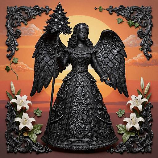 Digital art of a black, intricately detailed angelic statue with wings and a tree, set against a vibrant orange sunset, surrounded by white lilies