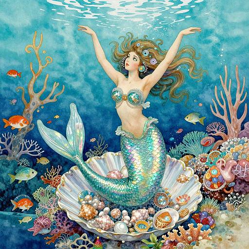 Digital illustration of a shimmering mermaid with long brown hair, turquoise scales, and a pearl bikini top, floating gracefully amid colorful coral reefs and schools
