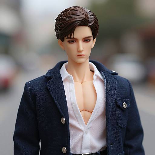 Photorealistic LEGO figure of a handsome young man with dark brown hair, wearing an open white shirt and black blazer, standing on a blurred street