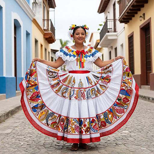 Colorful Mexican woman in traditional folk dress with floral patterns, holding skirt, smiling, standing on cobblestone street, colonial architecture background.
