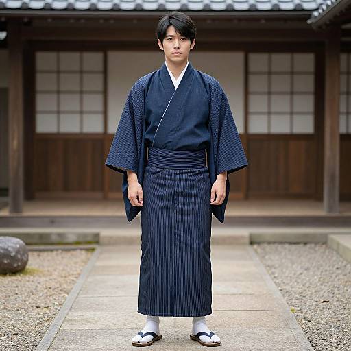 Photograph of a young Japanese man in a navy blue, pinstriped kimono, white tabi socks, and black geta sandals, standing