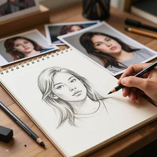 Photograph of a hand drawing a black-and-white portrait of a woman on a sketchpad, surrounded by colored photos of the same woman on a wooden