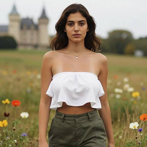 Photograph of a young woman with medium skin tone, dark wavy hair, wearing a white off-the-shoulder ruffle top and green pants