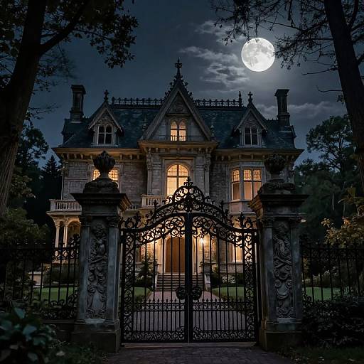 Gothic mansion at night, illuminated by moonlight, with ornate black wrought-iron gate, detailed stone architecture, and glowing windows.