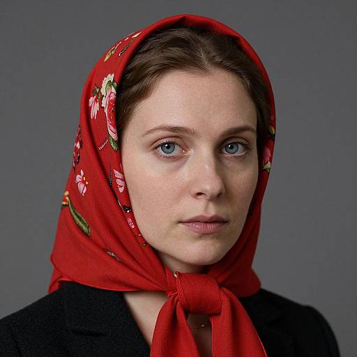 Photograph of a fair-skinned woman with blue eyes, wearing a red floral headscarf and black coat, against a gray background.