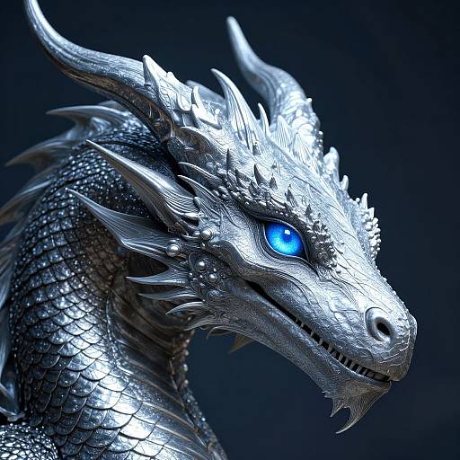 Digital CGI image of a silver, metallic dragon with glowing blue eyes, sharp spikes, and intricate scales, set against a dark blue background.