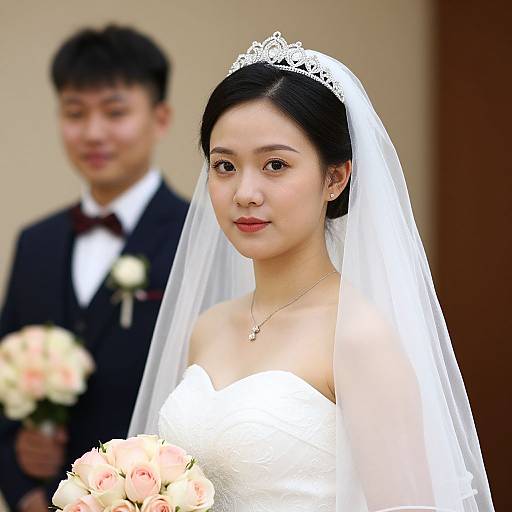 Photograph of an Asian bride in a white strapless gown and veil, holding a bouquet, with a groom in a black tuxedo in the
