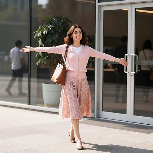 Smiling Woman with Arms Outstretched by Glass Building