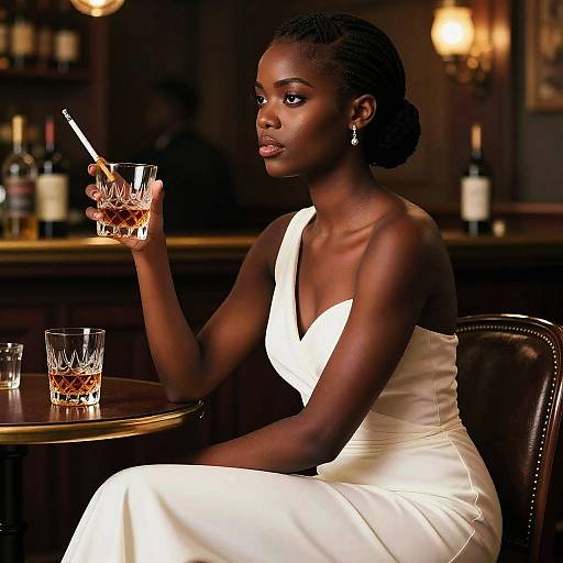 Photograph of a beautiful, dark-skinned woman in a white, strapless dress, sitting at a bar, holding a glass with whiskey and cigarette
