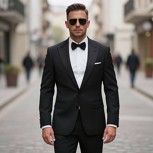 Photograph of a handsome man in a black tuxedo with bow tie, black sunglasses, standing confidently on a blurred city street.