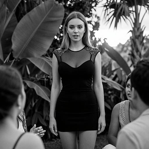 Black and white photograph of a slender young woman with long hair, wearing a black, sleeveless, sheer-shoulder dress, standing confidently amidst tropical