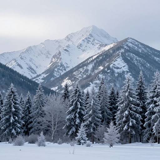 Photograph of a snowy mountain landscape with snow-covered evergreen trees in the foreground, and a majestic, cloudy mountain range in the background.