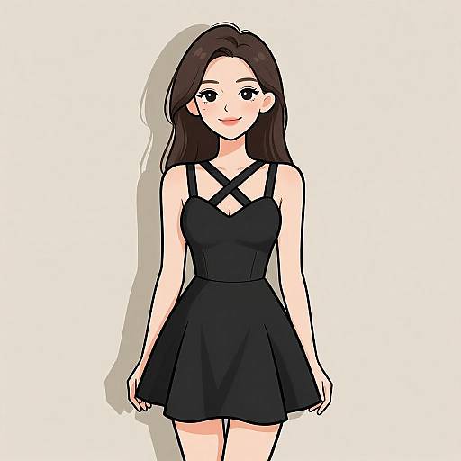 Digital anime-style drawing of a cute, smiling young woman with long brown hair, wearing a black sleeveless dress with crisscross straps.