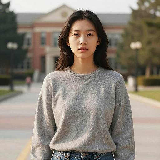 Photograph of an East Asian woman with long black hair, wearing a gray sweater and jeans, standing in a sunlit, blurred college campus background.