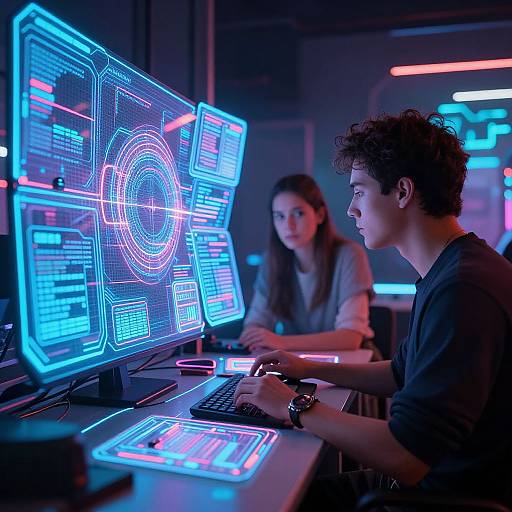 Photograph of a curly-haired man in a black shirt focused on glowing blue neon computer screens, with a woman in a grey shirt behind him, in