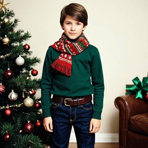 Boy in Christmas Outfit by Tree