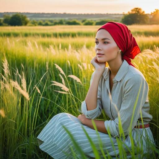 Young Woman in Red Headscarf Sitting in Green Field