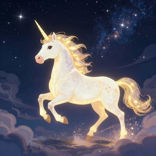Digital illustration of a glowing white unicorn with a golden mane and tail, galloping through a starry night sky amidst clouds.