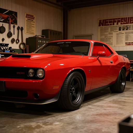 Photograph of a sleek, vibrant red muscle car with black wheels in a dimly lit garage, surrounded by tools and posters.