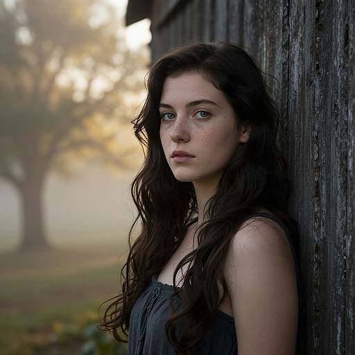 Photograph of a young woman with long, wavy brown hair, freckles, and blue eyes, leaning against a weathered wooden wall,