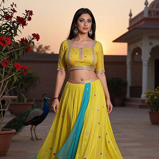 Indian woman in vibrant yellow traditional outfit with blue stripe, standing in courtyard at sunset, peacock behind her, ornate building. Photograph.