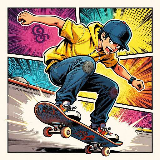 Colorful comic-style illustration of a teenage boy in a yellow shirt, blue cap, and jeans, skateboarding mid-trick against vibrant, patterned