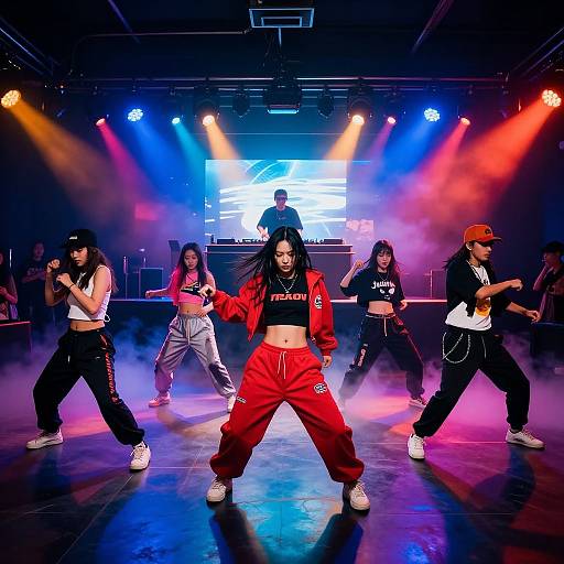 Photograph of vibrant hip-hop dance performance: five diverse dancers in bold outfits, red and black attire, under colorful stage lights, fog, and a