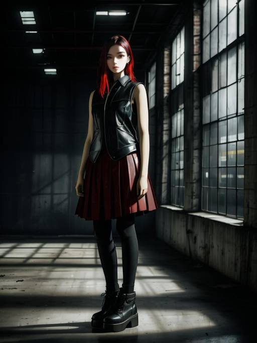 Young Woman in Leather Vest in Industrial Warehouse
