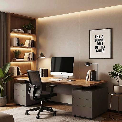 Modern office photograph: Wooden desk with Apple monitor, black chair, bookshelf, plants, black lamp, framed text art, underlit shelving,