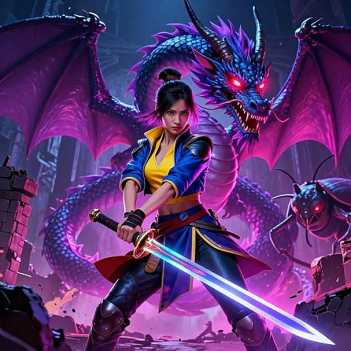 Neon Shaolin Warrior and Dragon