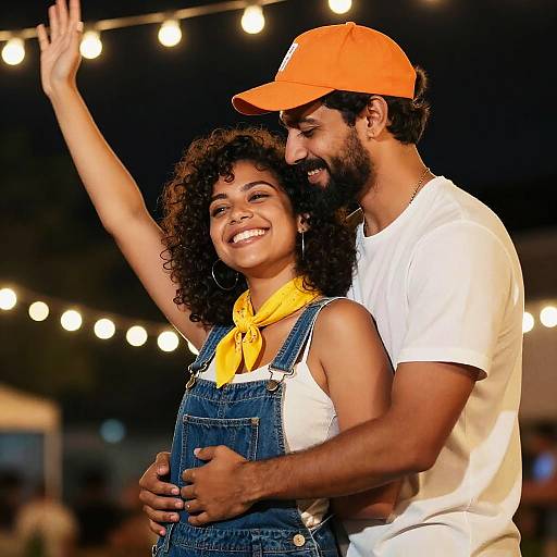 Joyful Couple Under Warm String Lights