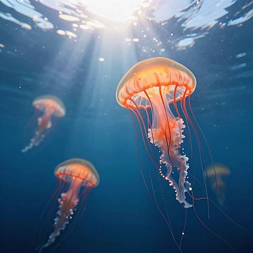 Photograph of three vibrant orange jellyfish with translucent, bell-shaped bodies and long, trailing tentacles floating in deep blue ocean water, illuminated by sunlight