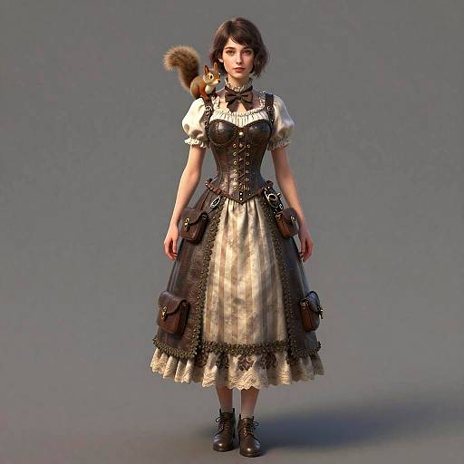 Young Woman in Steampunk Outfit with Mechanical Squirrel