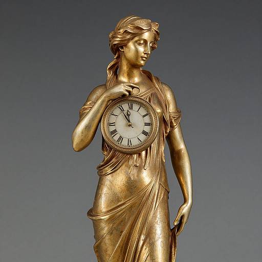 Photograph of a golden statue of a classical-style woman holding a clock in her right hand, against a clear blue sky.