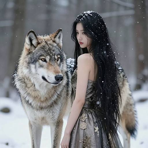 Photograph-style digital art: Pale woman with long black hair in a floral dress stands in snowy forest beside a large, realistic gray wolf with piercing eyes