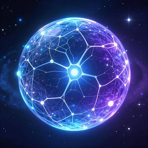 Digital illustration of a glowing, blue and purple, interconnected network sphere floating in a starry, dark space background.