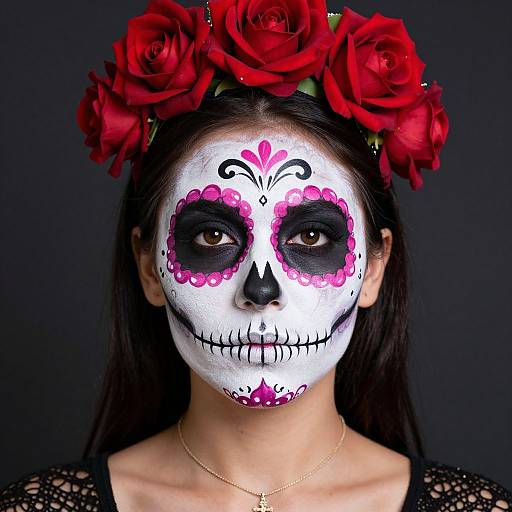 Photograph of a woman with white face paint, black eye sockets, pink floral designs, black nose, stitched mouth, red rose headpiece, black