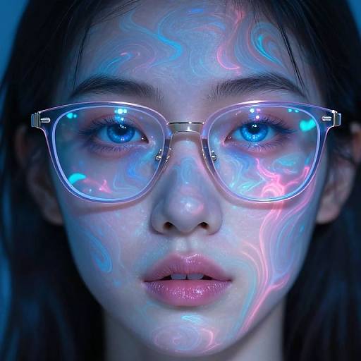 Digital portrait of a young woman with glowing blue and pink neon patterns on her face, wearing transparent glasses with blue reflections.