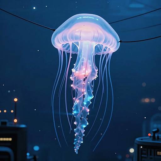 Photograph of a glowing, translucent jellyfish with blue and pink lights, hanging in a dark, underwater-like display with blurred city lights in the background