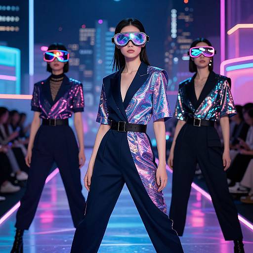 Fashion runway photo: Three models in neon reflective tops, black high-waisted pants, futuristic visors, city lights background, vibrant neon lights.