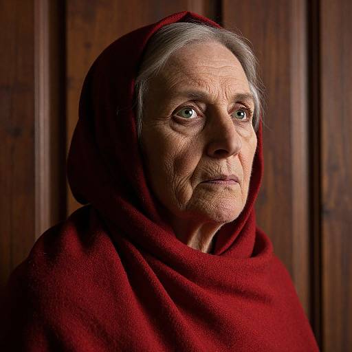 Photograph of an elderly woman with gray hair, wearing a deep red hooded cloak, gazing thoughtfully against a wooden background.