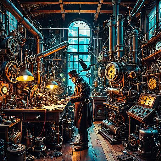 Steampunk Inventor in Neon Workshop