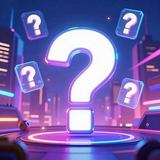 Neon-lit, glowing question mark in center, surrounded by floating question marks, set against a vibrant, futuristic cityscape with colorful lights and blurred