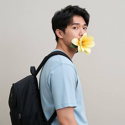 Young Asian man with short black hair, wearing a light blue shirt, black backpack, and yellow flower in mouth, looking over shoulder. White background.